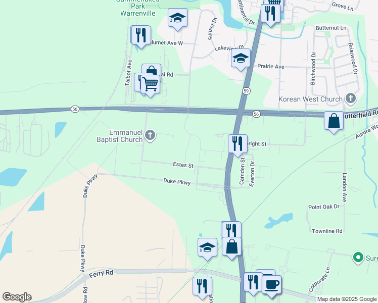 map of restaurants, bars, coffee shops, grocery stores, and more near 3S510 Barkley Avenue in Naperville