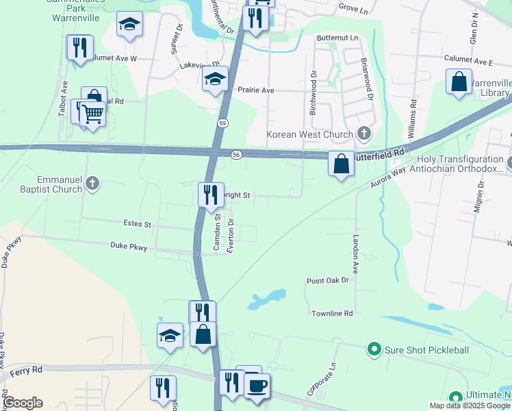 map of restaurants, bars, coffee shops, grocery stores, and more near 29W631 Albright Street in Warrenville