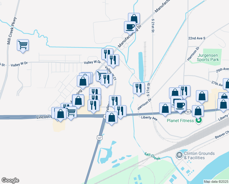 map of restaurants, bars, coffee shops, grocery stores, and more near Valley West Court in Clinton