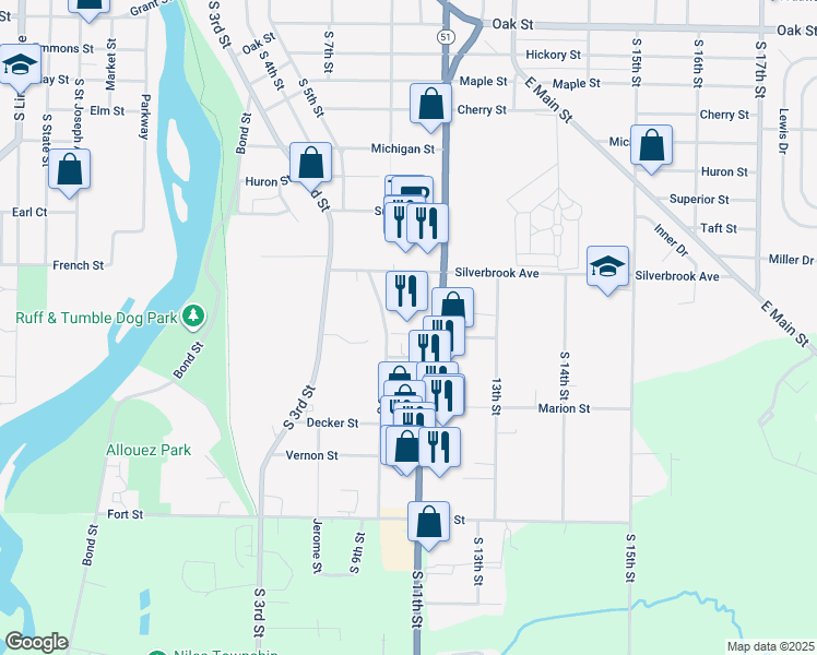 map of restaurants, bars, coffee shops, grocery stores, and more near 930 South 11th Street in Niles