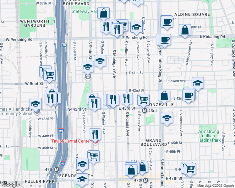 map of restaurants, bars, coffee shops, grocery stores, and more near 4157 South Michigan Avenue in Chicago