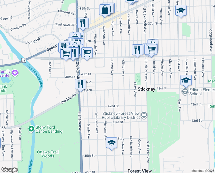 map of restaurants, bars, coffee shops, grocery stores, and more near 7005 40th Place in Berwyn