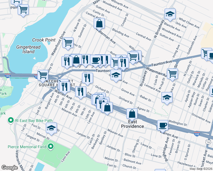 map of restaurants, bars, coffee shops, grocery stores, and more near 62 Grove Avenue in East Providence