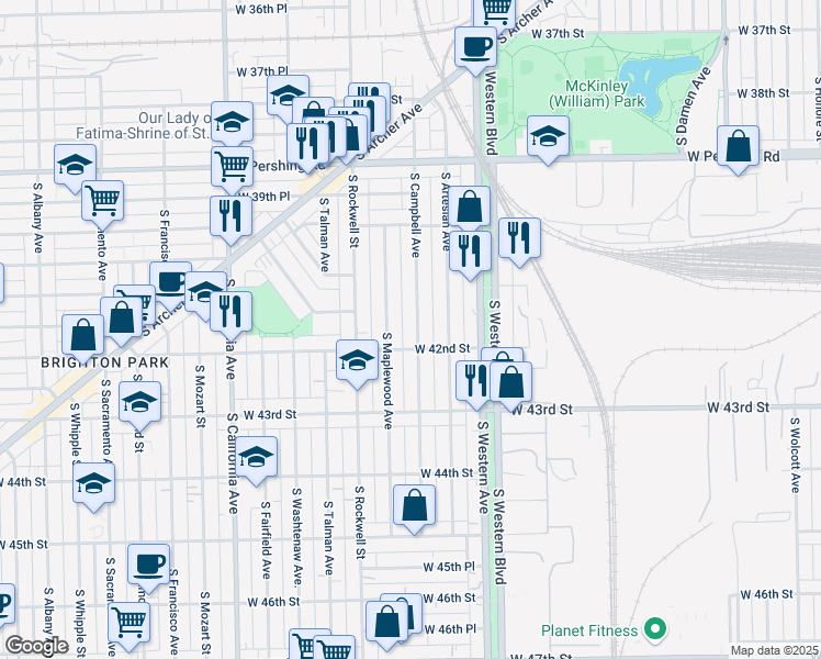 map of restaurants, bars, coffee shops, grocery stores, and more near 4140 South Campbell Avenue in Chicago