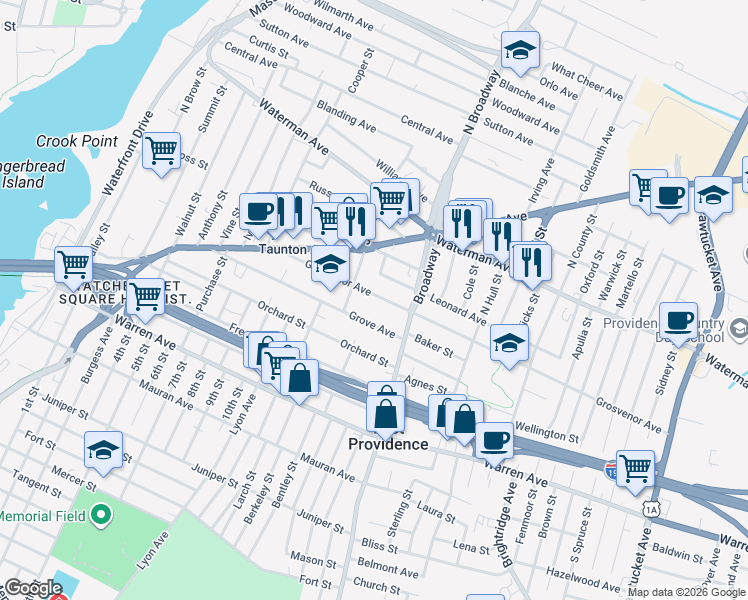 map of restaurants, bars, coffee shops, grocery stores, and more near 15 Leonard Avenue in East Providence