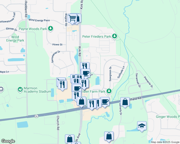 map of restaurants, bars, coffee shops, grocery stores, and more near 3052 Riverbirch Drive in Aurora