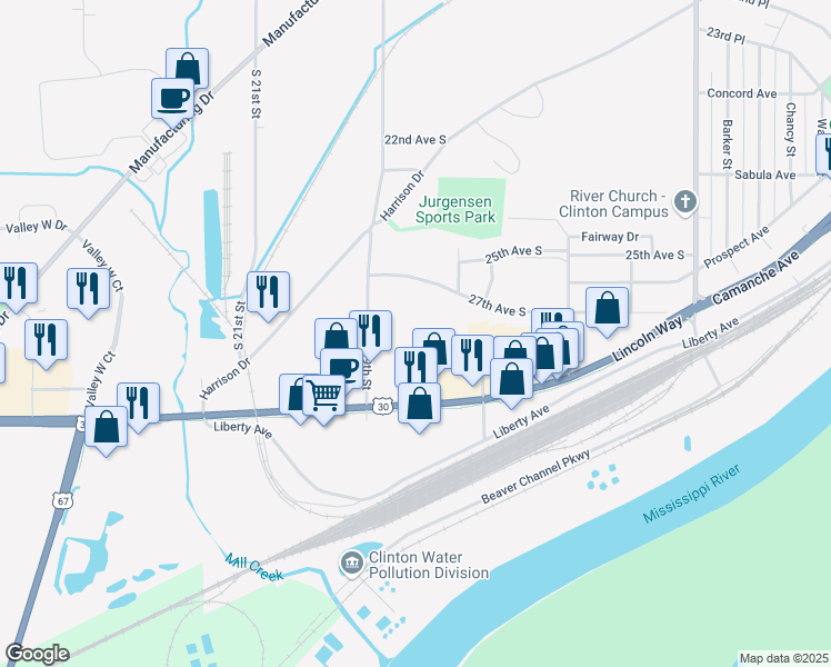 map of restaurants, bars, coffee shops, grocery stores, and more near 9 in Clinton