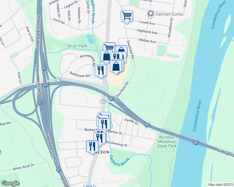 map of restaurants, bars, coffee shops, grocery stores, and more near 45 Deerfield Road in Windsor