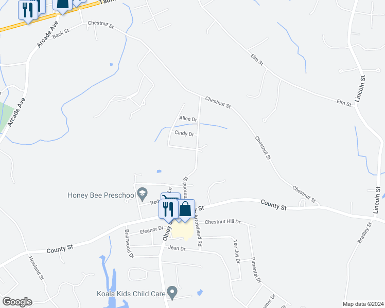 map of restaurants, bars, coffee shops, grocery stores, and more near 95 Hammond Street in Seekonk