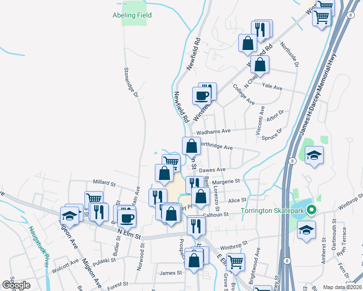 map of restaurants, bars, coffee shops, grocery stores, and more near 839 Main Street in Torrington