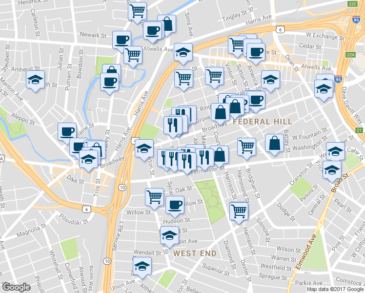 map of restaurants, bars, coffee shops, grocery stores, and more near 34 Spencer Street in Providence