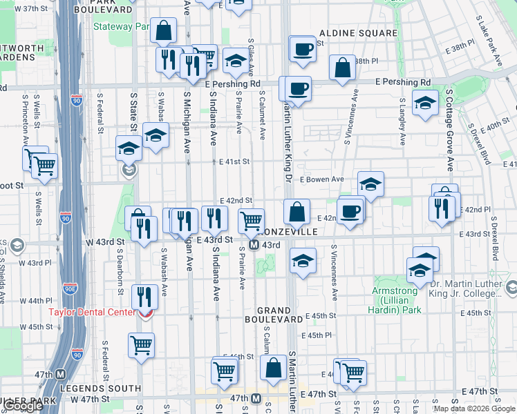 map of restaurants, bars, coffee shops, grocery stores, and more near 4157 South Calumet Avenue in Chicago