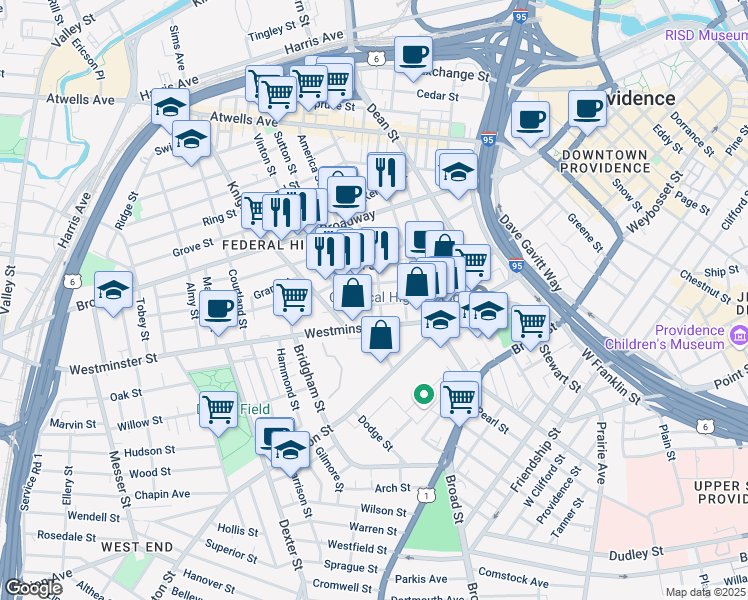 map of restaurants, bars, coffee shops, grocery stores, and more near 470 West Fountain Street in Providence