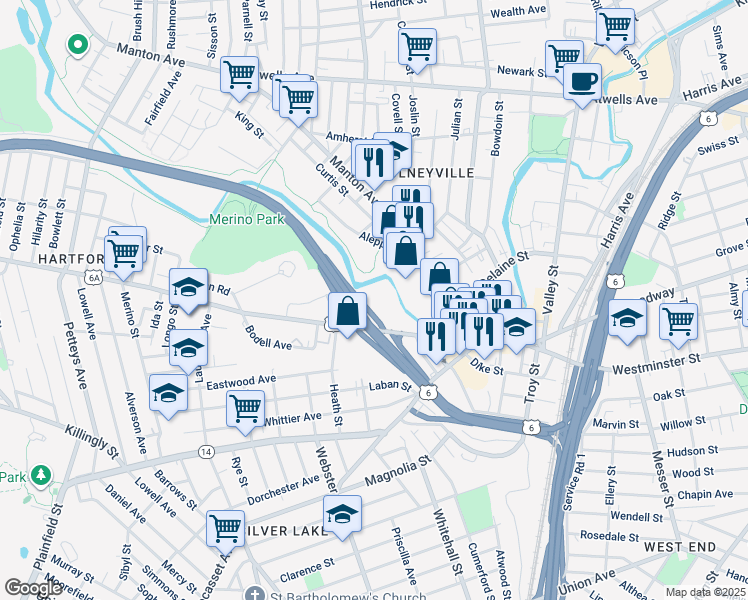 map of restaurants, bars, coffee shops, grocery stores, and more near 191 Hartford Avenue in Providence