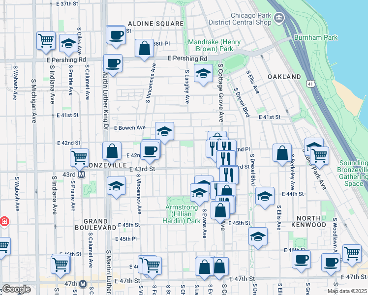 map of restaurants, bars, coffee shops, grocery stores, and more near 623 East 42nd Street in Chicago