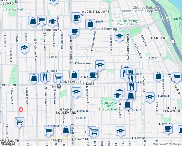 map of restaurants, bars, coffee shops, grocery stores, and more near 4153 South Vincennes Avenue in Chicago