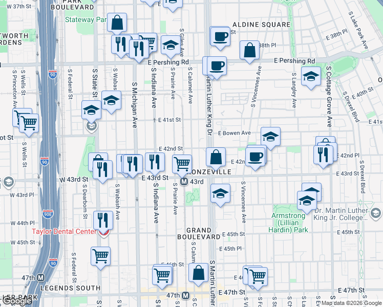map of restaurants, bars, coffee shops, grocery stores, and more near 4157 South Calumet Avenue in Chicago