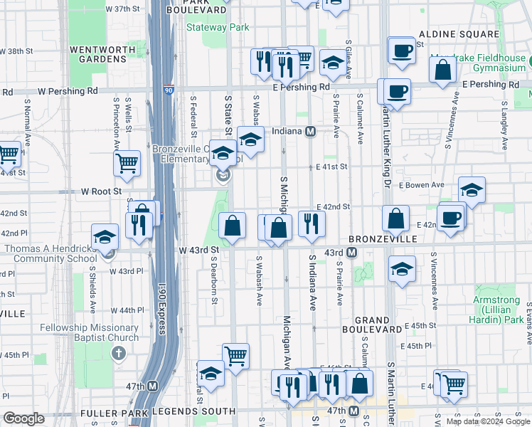 map of restaurants, bars, coffee shops, grocery stores, and more near 4157 South Wabash Avenue in Chicago
