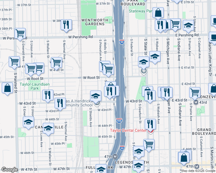 map of restaurants, bars, coffee shops, grocery stores, and more near 4150 South Wentworth Avenue in Chicago