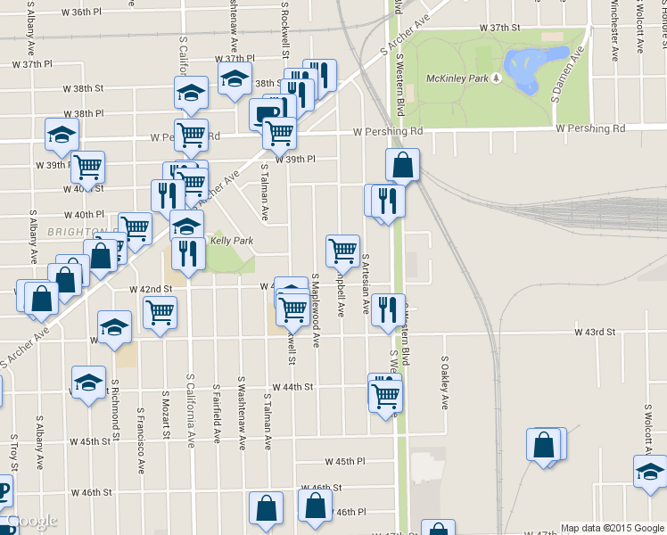 map of restaurants, bars, coffee shops, grocery stores, and more near 4125 South Campbell Avenue in Chicago