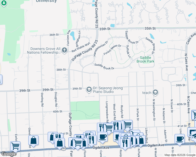 map of restaurants, bars, coffee shops, grocery stores, and more near 3816 Cumnor Road in Downers Grove