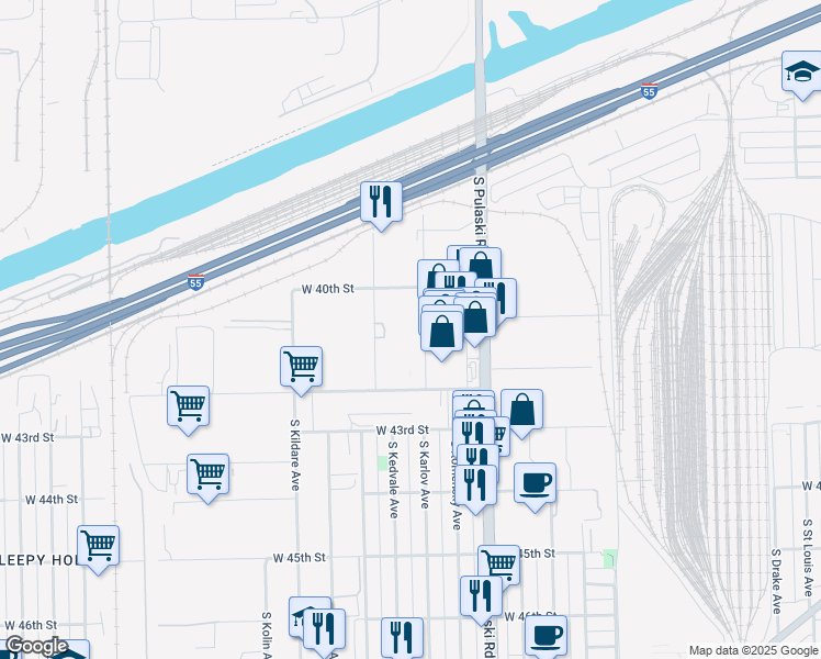 map of restaurants, bars, coffee shops, grocery stores, and more near 4100 West Ann Lurie Place in Chicago