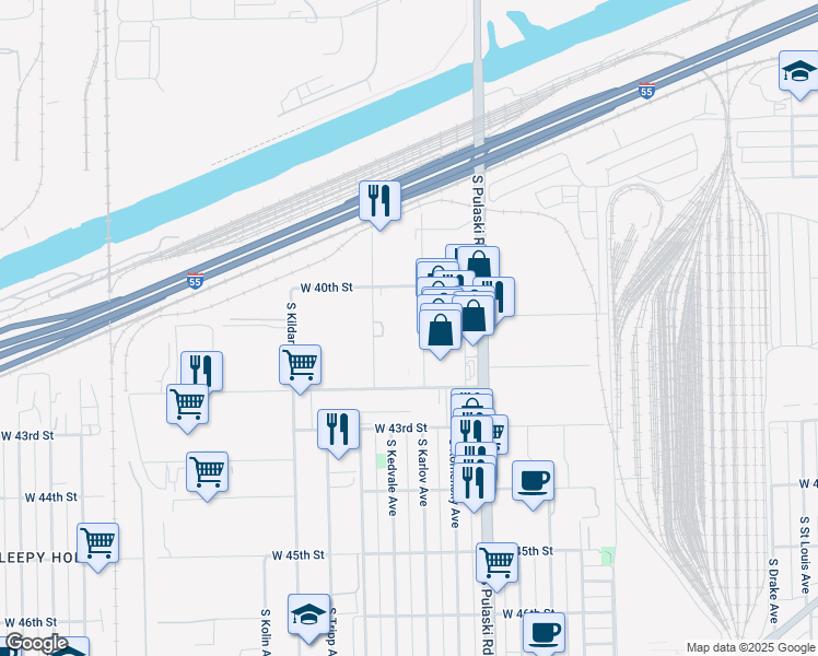 map of restaurants, bars, coffee shops, grocery stores, and more near 4100 West Ann Lurie Place in Chicago