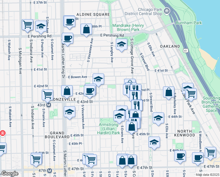 map of restaurants, bars, coffee shops, grocery stores, and more near 623 East 42nd Street in Chicago