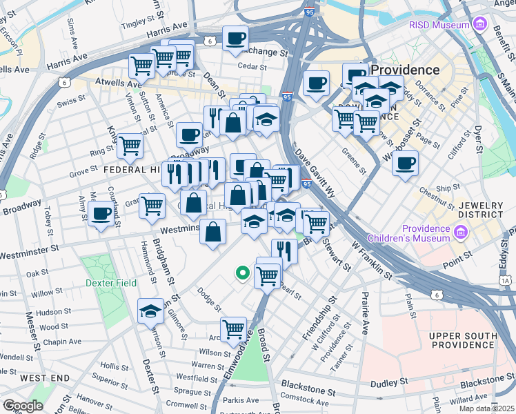 map of restaurants, bars, coffee shops, grocery stores, and more near Sawins Lane in Providence
