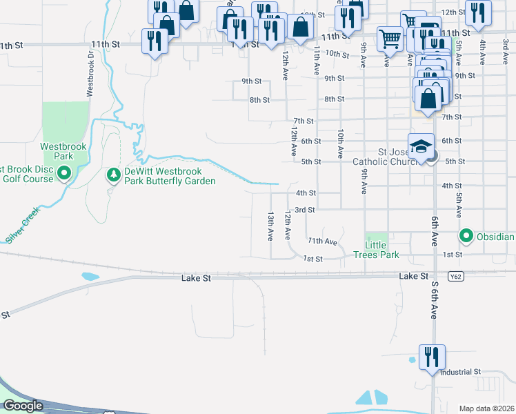 map of restaurants, bars, coffee shops, grocery stores, and more near 317 14th Avenue in DeWitt