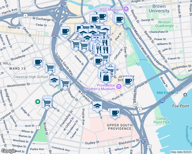 map of restaurants, bars, coffee shops, grocery stores, and more near 259 Pine Street in Providence
