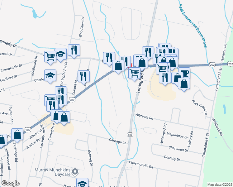 map of restaurants, bars, coffee shops, grocery stores, and more near 99 Greenridge Road in Torrington