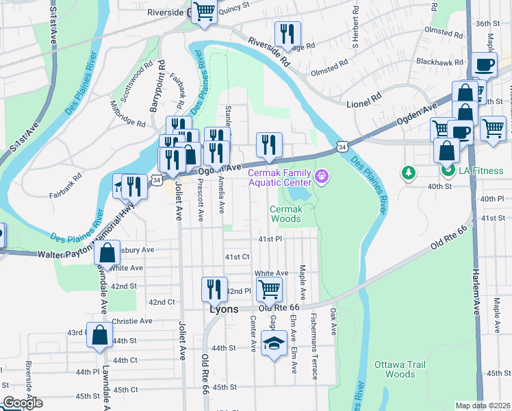 map of restaurants, bars, coffee shops, grocery stores, and more near 4011 Center Avenue in Lyons