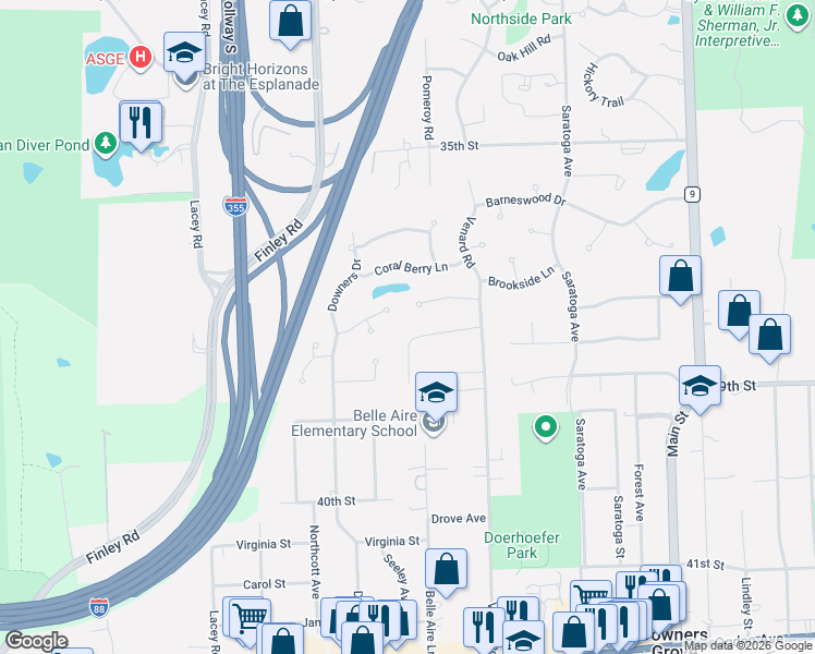 map of restaurants, bars, coffee shops, grocery stores, and more near 1481 Golden Bell Court in Downers Grove