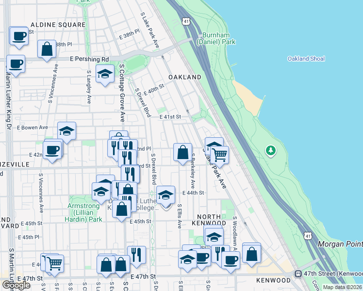 map of restaurants, bars, coffee shops, grocery stores, and more near 4157 South Ellis Avenue in Chicago