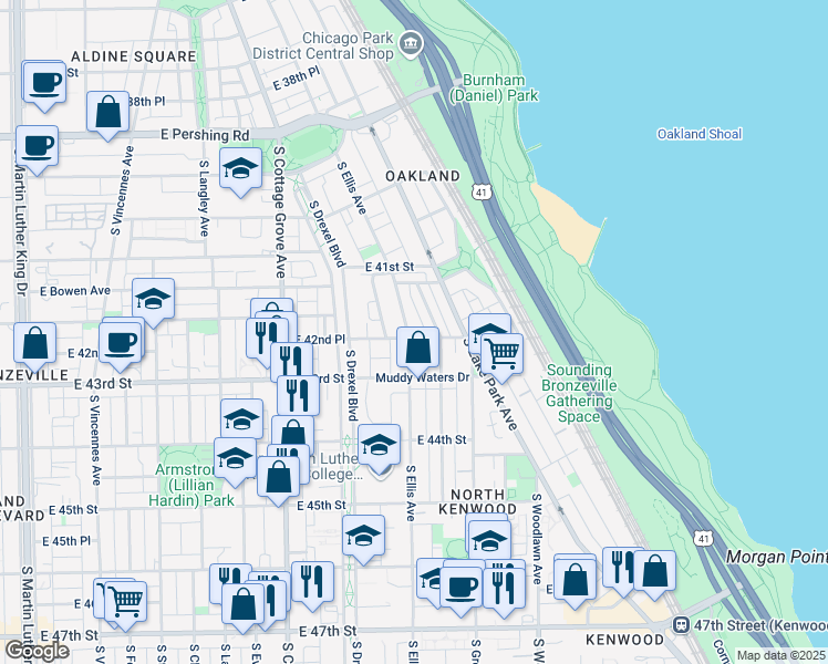 map of restaurants, bars, coffee shops, grocery stores, and more near 4165 South Ellis Avenue in Chicago