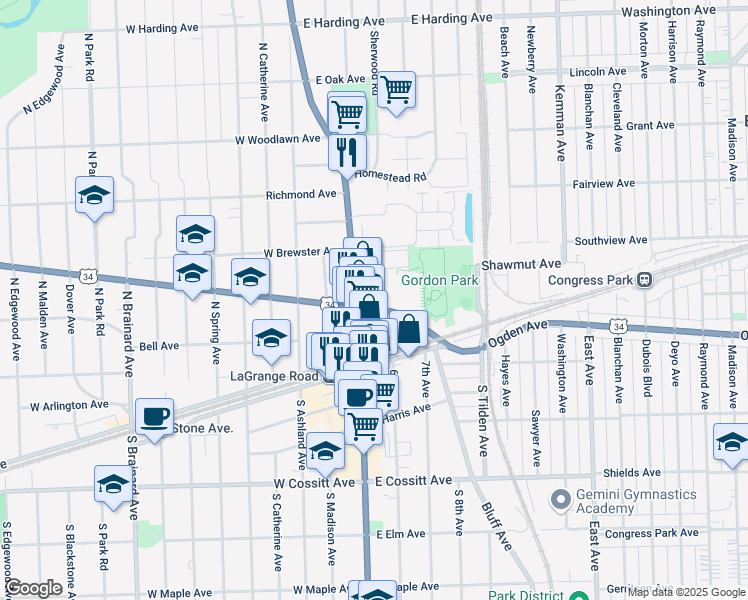 map of restaurants, bars, coffee shops, grocery stores, and more near 31 Ogden Avenue in La Grange