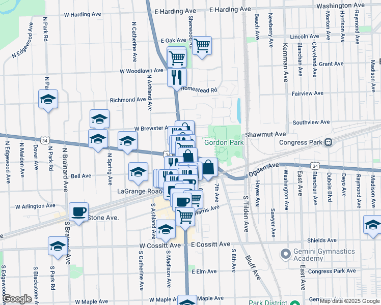 map of restaurants, bars, coffee shops, grocery stores, and more near 31 Ogden Avenue in La Grange