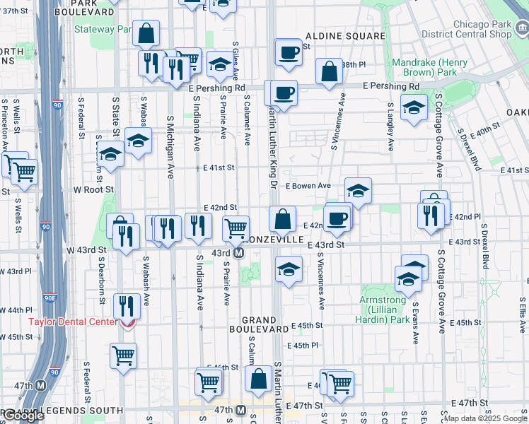 map of restaurants, bars, coffee shops, grocery stores, and more near 4157 South Calumet Avenue in Chicago