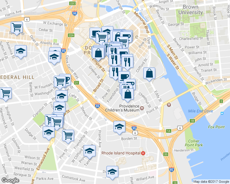 map of restaurants, bars, coffee shops, grocery stores, and more near 259 Pine Street in Providence