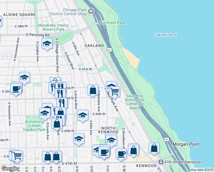 map of restaurants, bars, coffee shops, grocery stores, and more near 4156 South Lake Park Avenue in Chicago