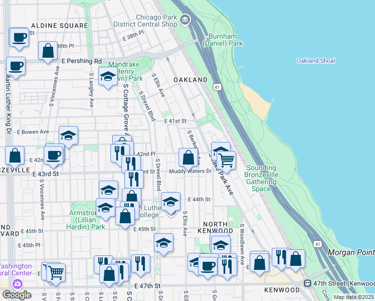 map of restaurants, bars, coffee shops, grocery stores, and more near 4157 South Ellis Avenue in Chicago