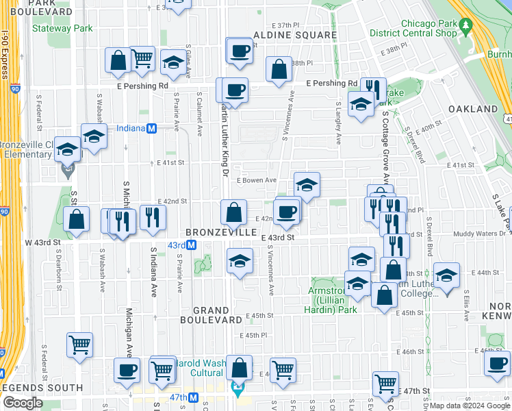 map of restaurants, bars, coffee shops, grocery stores, and more near 440 East 42nd Street in Chicago