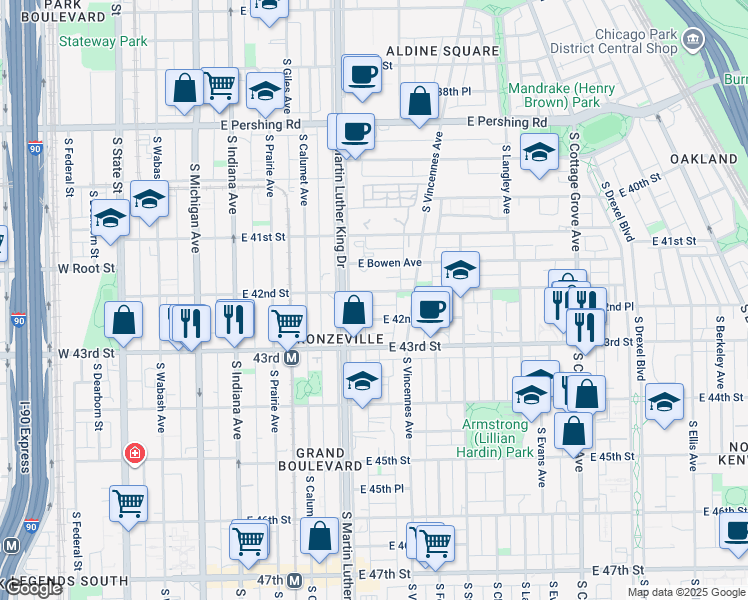 map of restaurants, bars, coffee shops, grocery stores, and more near 440 East 42nd Street in Chicago