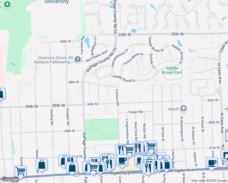 map of restaurants, bars, coffee shops, grocery stores, and more near 3816 Cumnor Road in Downers Grove