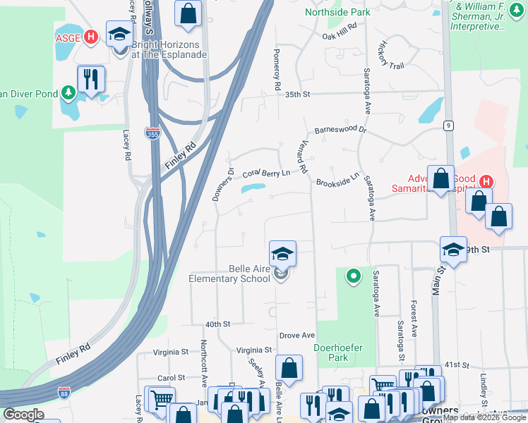 map of restaurants, bars, coffee shops, grocery stores, and more near 1481 Golden Bell Court in Downers Grove