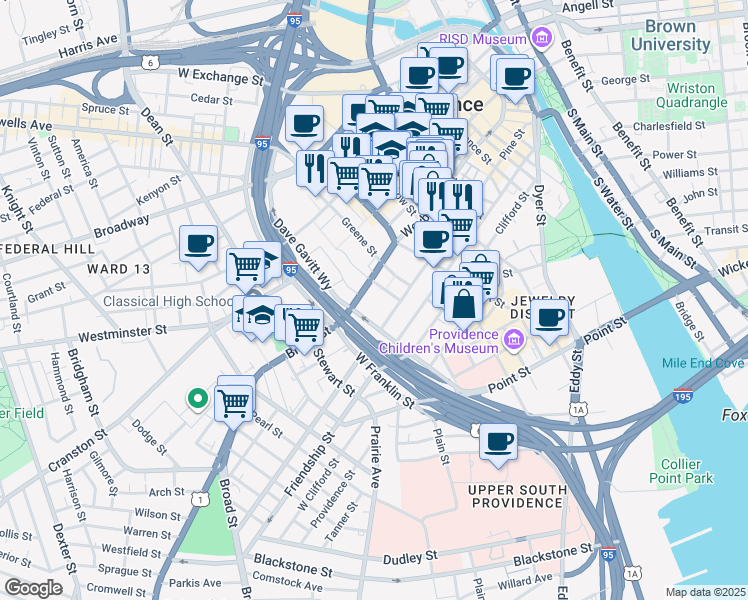 map of restaurants, bars, coffee shops, grocery stores, and more near 100 Broad Street in Providence