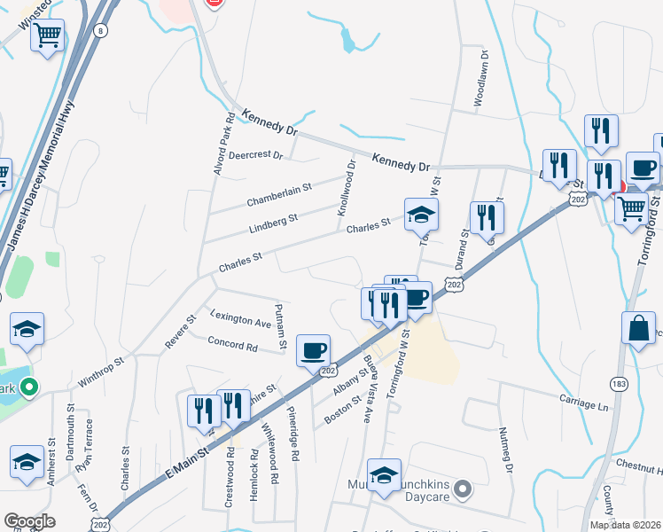 map of restaurants, bars, coffee shops, grocery stores, and more near 264 Meadowview Drive in Torrington