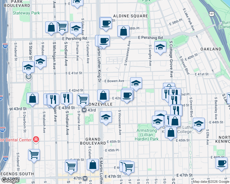 map of restaurants, bars, coffee shops, grocery stores, and more near 440 East 42nd Street in Chicago