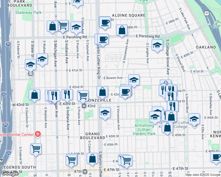 map of restaurants, bars, coffee shops, grocery stores, and more near 440 East 42nd Street in Chicago